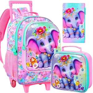 3 Piece Rolling Backpack For Girls Elementary School