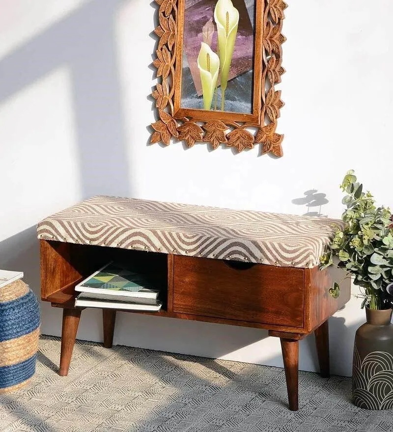 Berk Mango Wood Storage Bench In Cotton Grey Colour