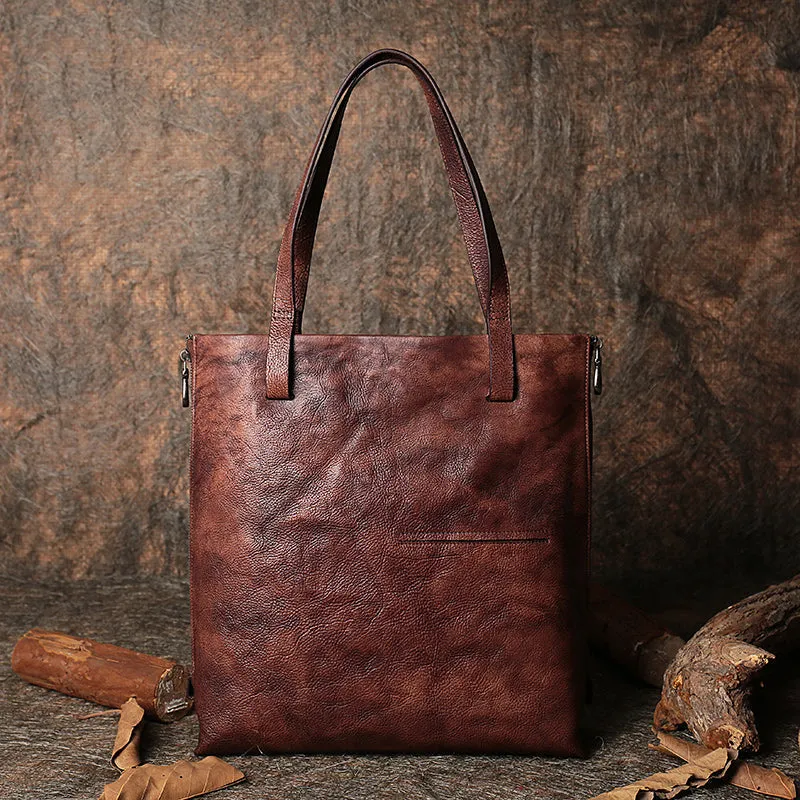 Best Brown Leather Womens Vertical Totes Handbag Handmade Vintage Tote Shoulder Purse for Ladies