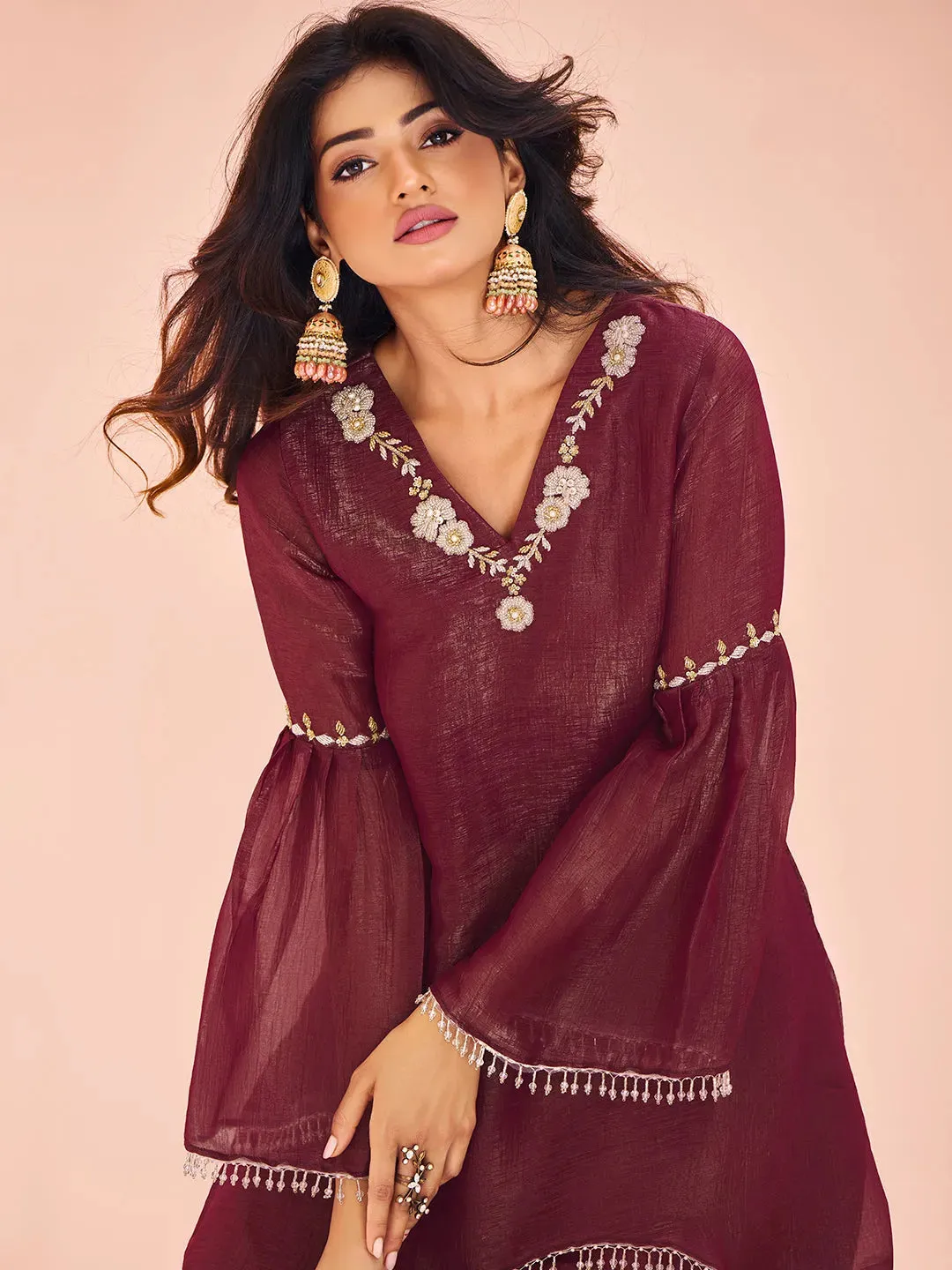 Classic Maroon Hand Worked Organza Kurta Set
