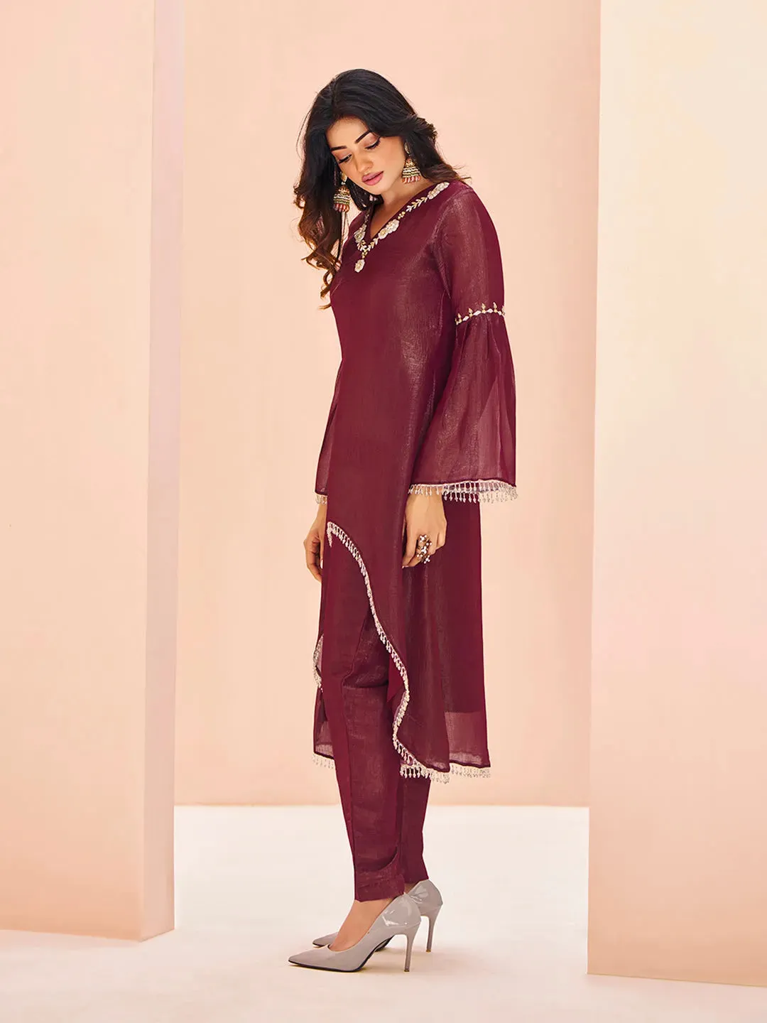 Classic Maroon Hand Worked Organza Kurta Set
