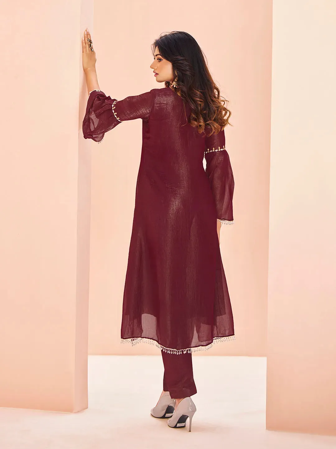 Classic Maroon Hand Worked Organza Kurta Set