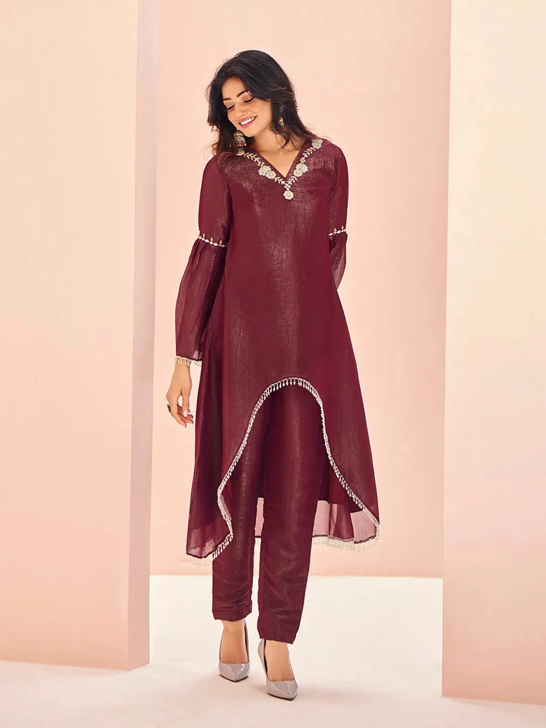 Classic Maroon Hand Worked Organza Kurta Set