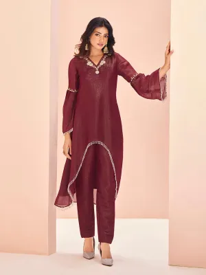 Classic Maroon Hand Worked Organza Kurta Set