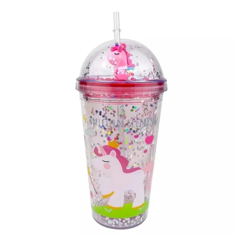 Creative Unicorn Plastic Cup With Lid And Straws, BPA Double Layer Cup, Cartoon Large Capacity Micro Landscape Cup