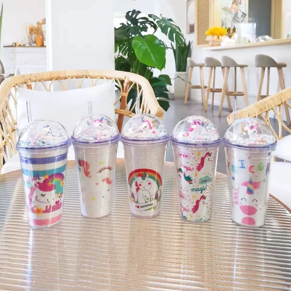 Creative Unicorn Plastic Cup With Lid And Straws, BPA Double Layer Cup, Cartoon Large Capacity Micro Landscape Cup