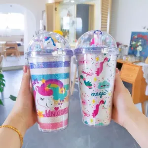 Creative Unicorn Plastic Cup With Lid And Straws, BPA Double Layer Cup, Cartoon Large Capacity Micro Landscape Cup