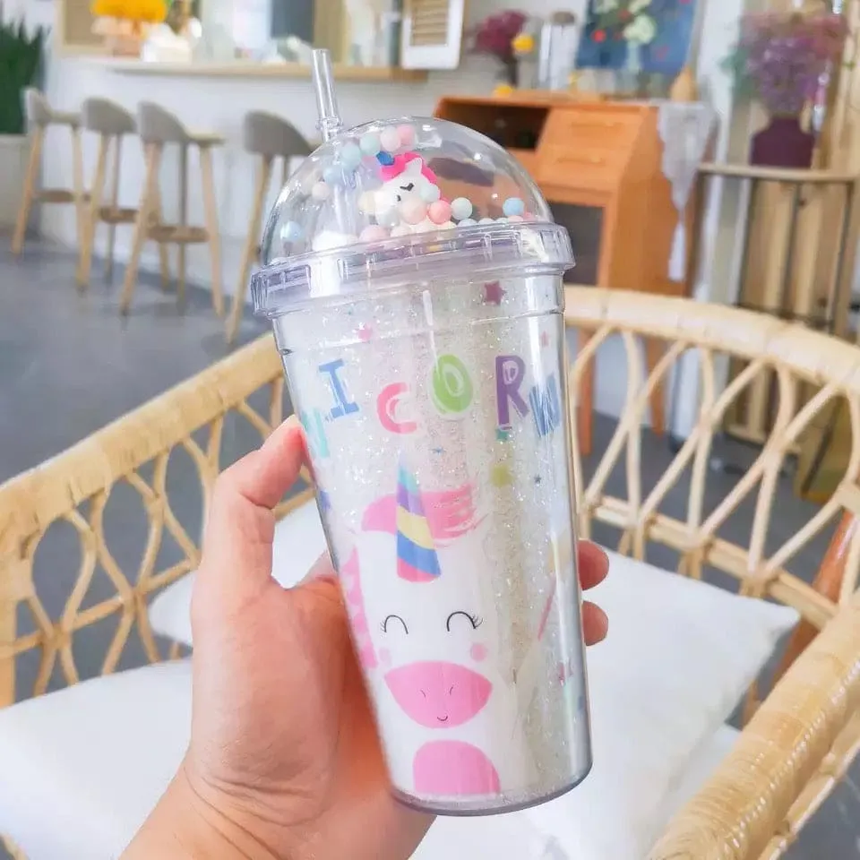 Creative Unicorn Plastic Cup With Lid And Straws, BPA Double Layer Cup, Cartoon Large Capacity Micro Landscape Cup
