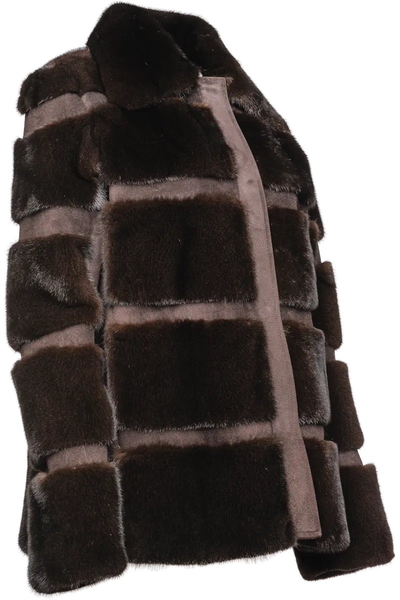 Horizontal Mahogany Mink Lodge Fur Jacket - Suede Inserts