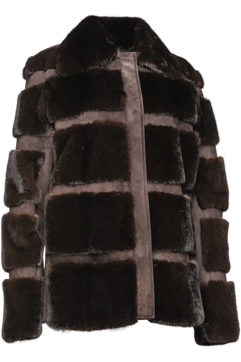 Horizontal Mahogany Mink Lodge Fur Jacket - Suede Inserts