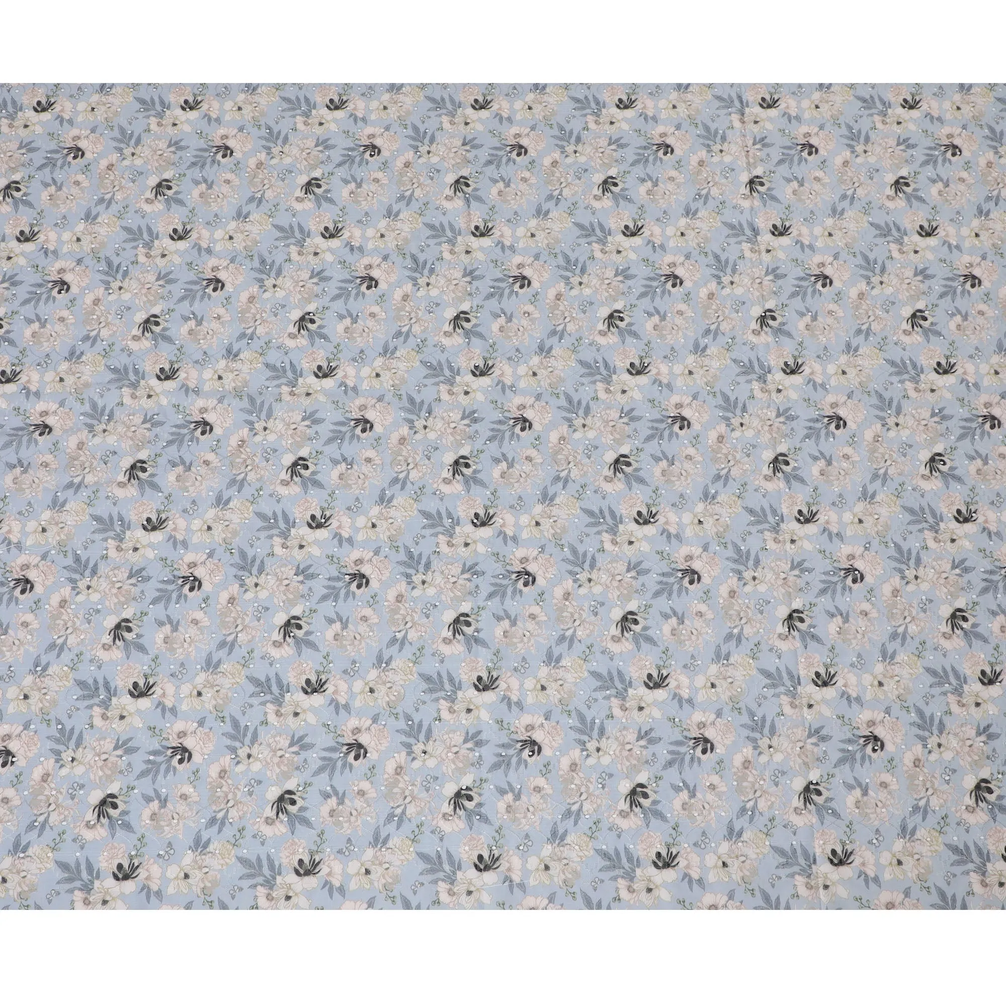 Light Blue Floral Embroidered Cotton Lawn Fabric - 110 cm Width, India-D19947