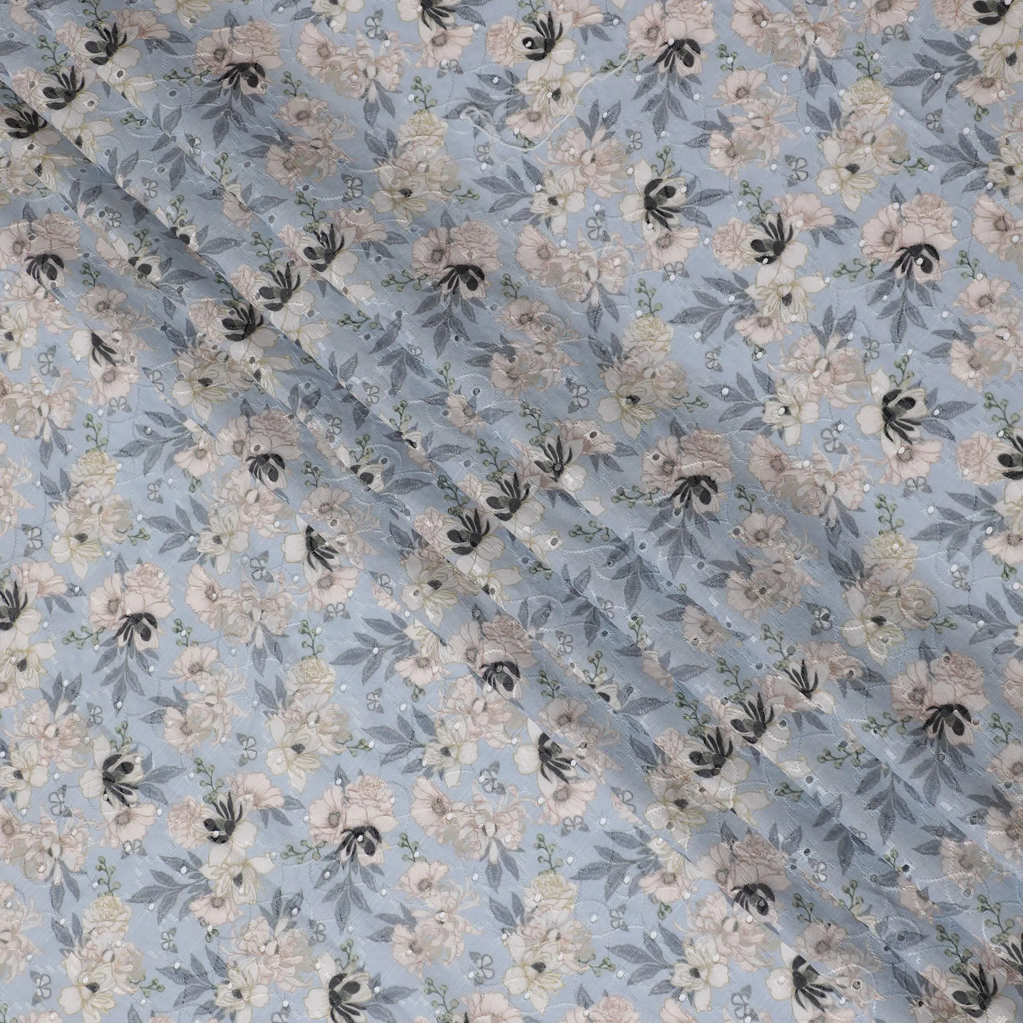 Light Blue Floral Embroidered Cotton Lawn Fabric - 110 cm Width, India-D19947