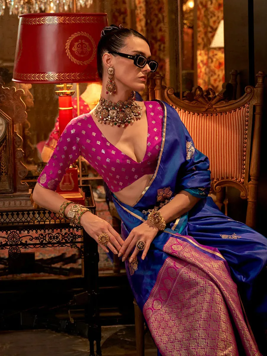 Navy Blue Pure Satin Silk Designer Saree