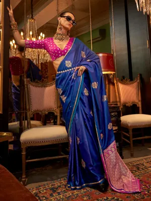 Navy Blue Pure Satin Silk Designer Saree