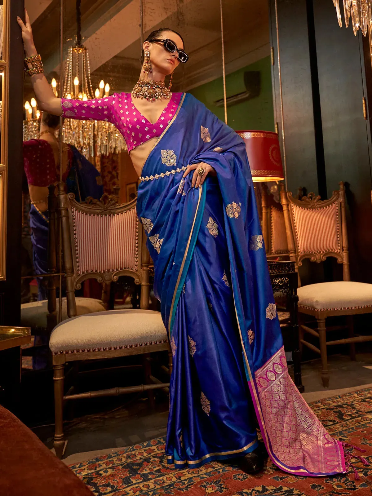 Navy Blue Pure Satin Silk Designer Saree