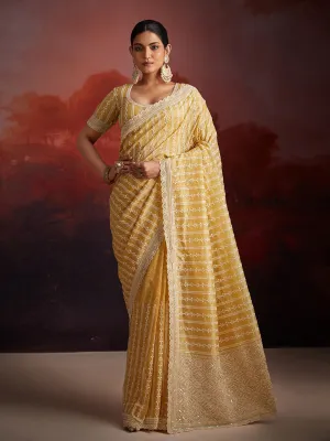 Organza Mustard Zarkan Embroidered Saree