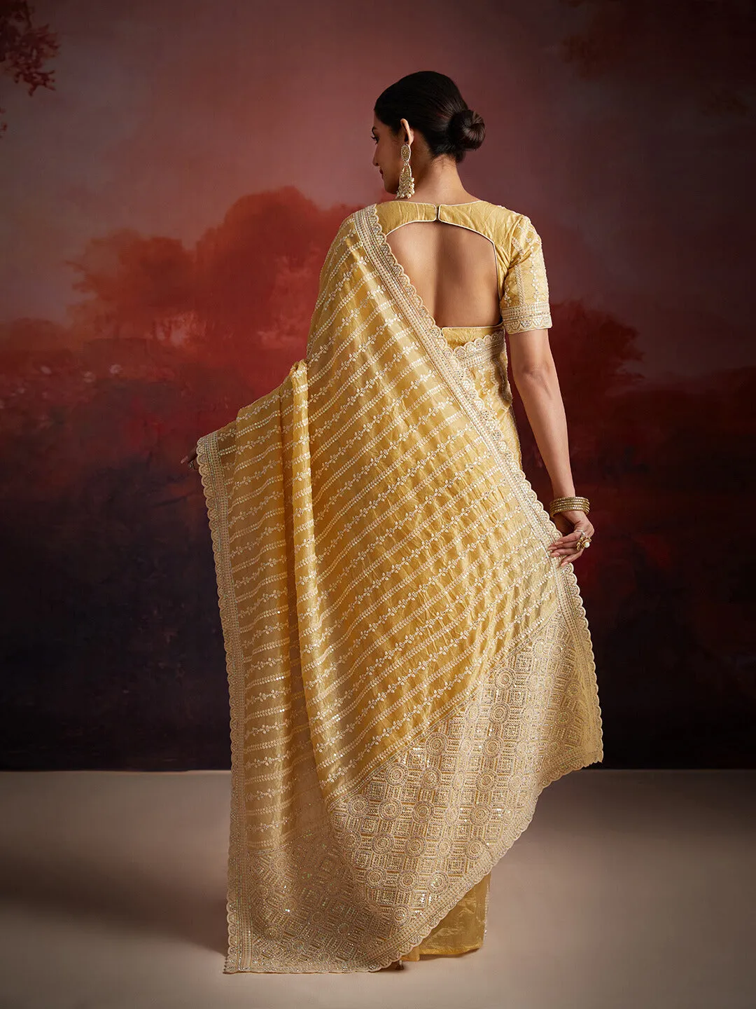 Organza Mustard Zarkan Embroidered Saree