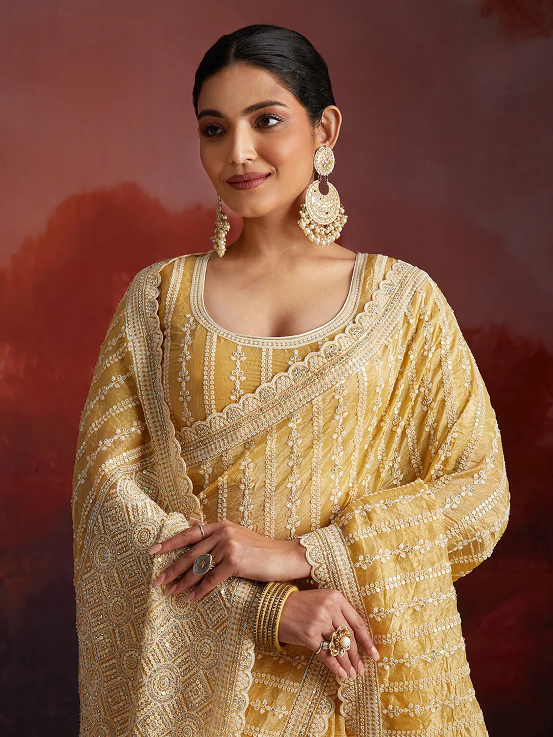 Organza Mustard Zarkan Embroidered Saree