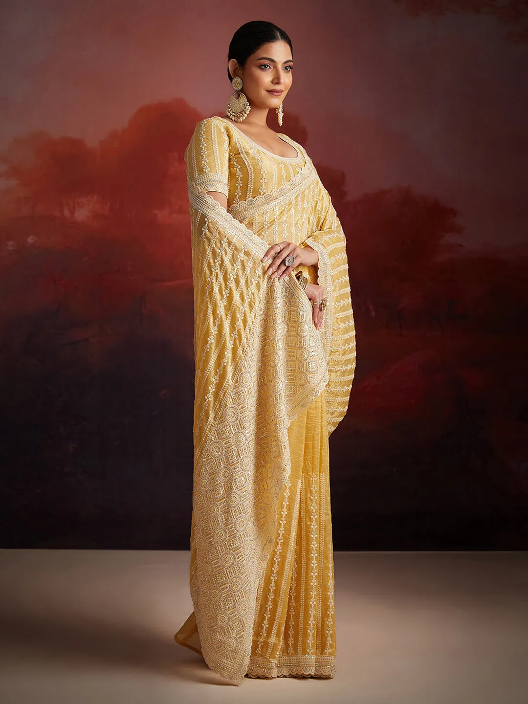 Organza Mustard Zarkan Embroidered Saree