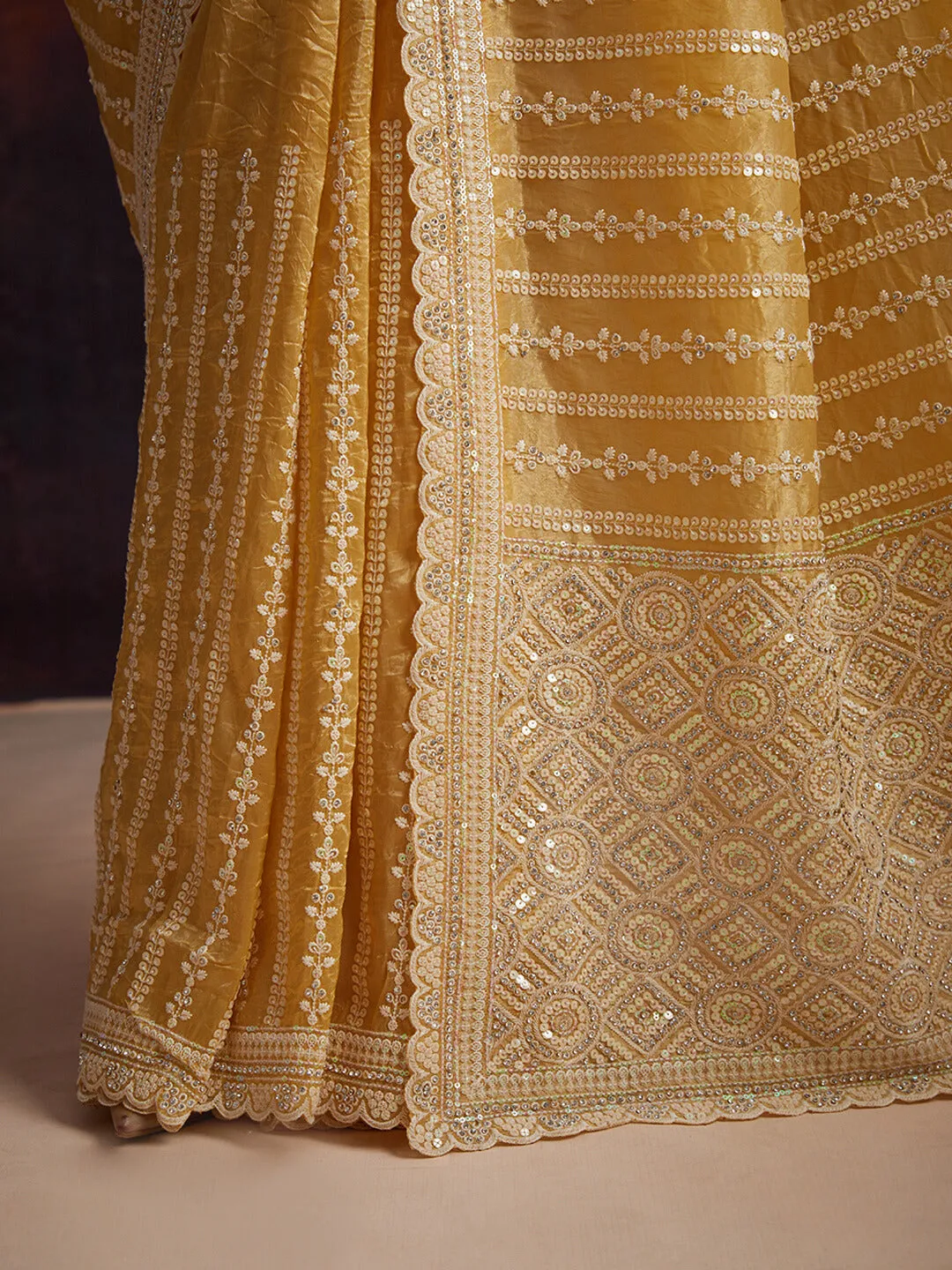 Organza Mustard Zarkan Embroidered Saree
