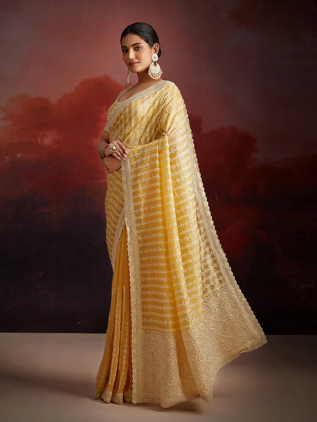 Organza Mustard Zarkan Embroidered Saree