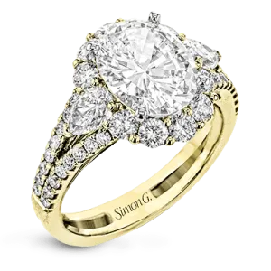 Oval-Cut Three-stone Halo Engagement Ring In 18k Gold With Diamonds