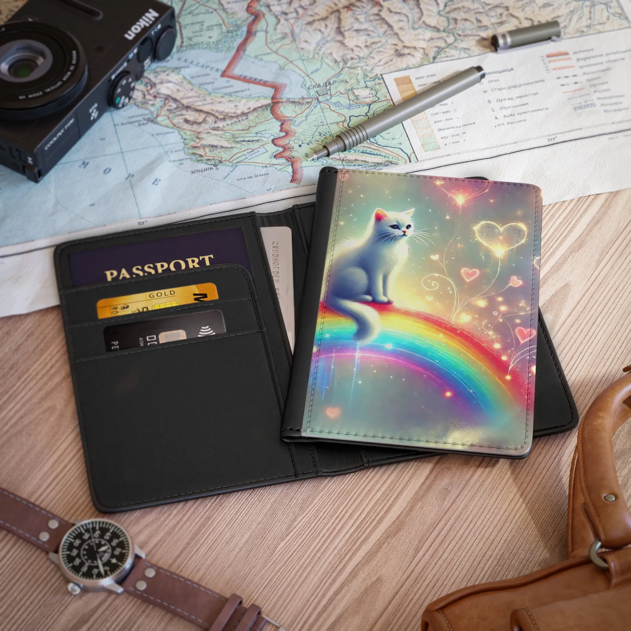 Rainbow Hearts - Cat Lover Passport Cover, Travel Wallet