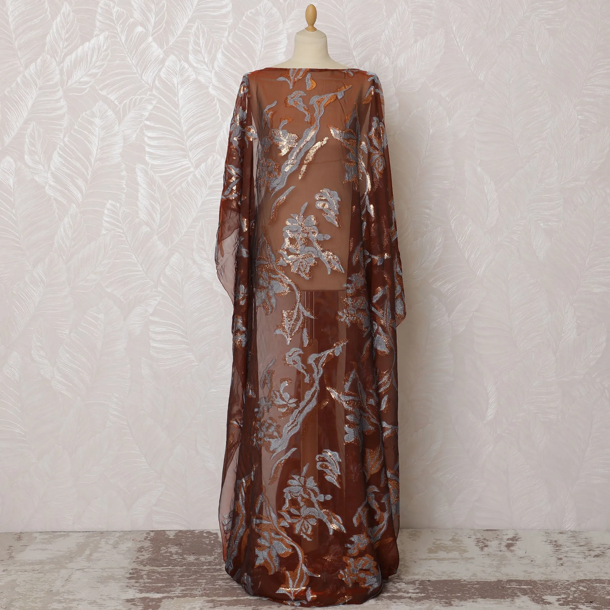 Rich Copper Floral French (Fransawi) Somali Dirac Silk Chiffon Fabric with Metallic Lurex, 140 cm Width-D19686