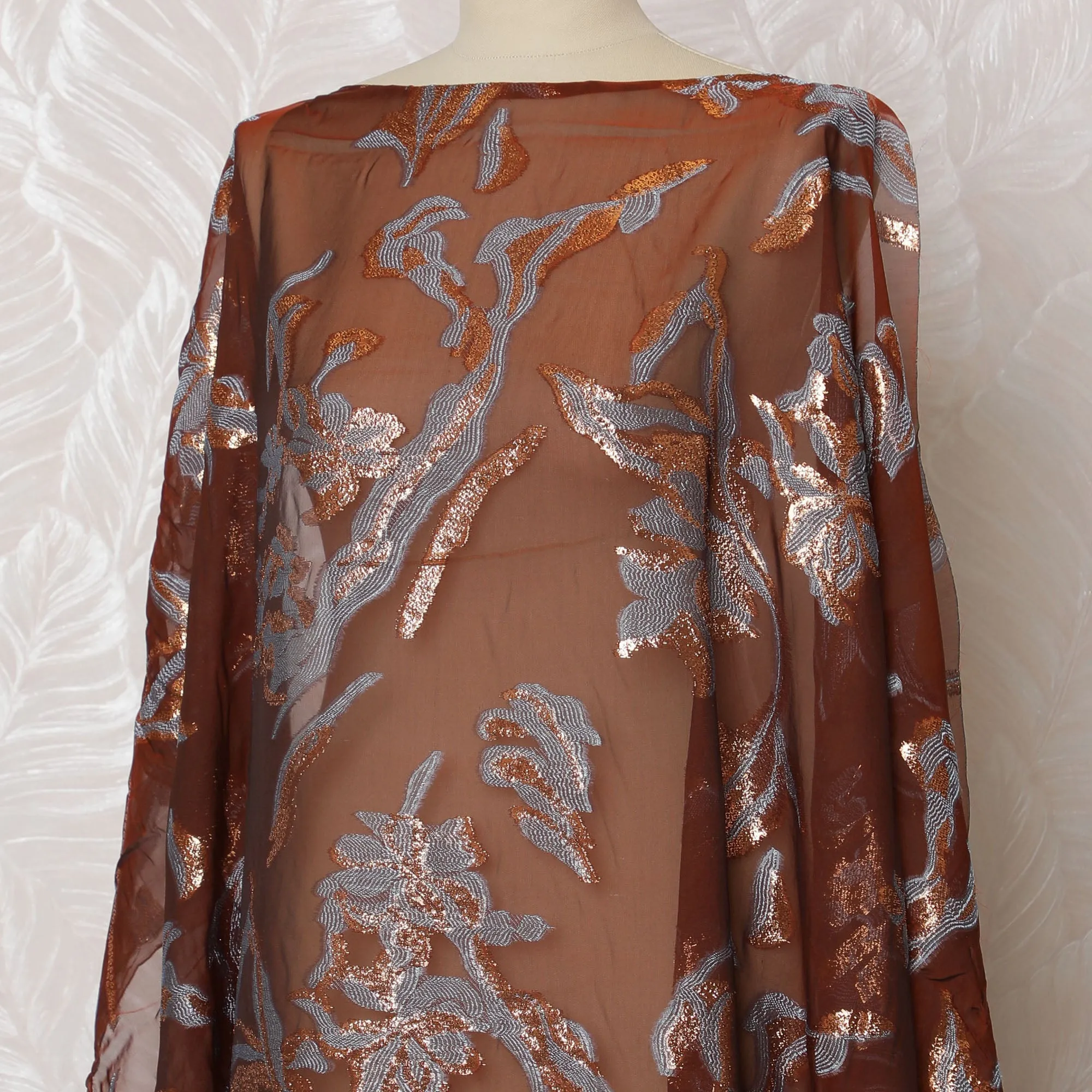 Rich Copper Floral French (Fransawi) Somali Dirac Silk Chiffon Fabric with Metallic Lurex, 140 cm Width-D19686