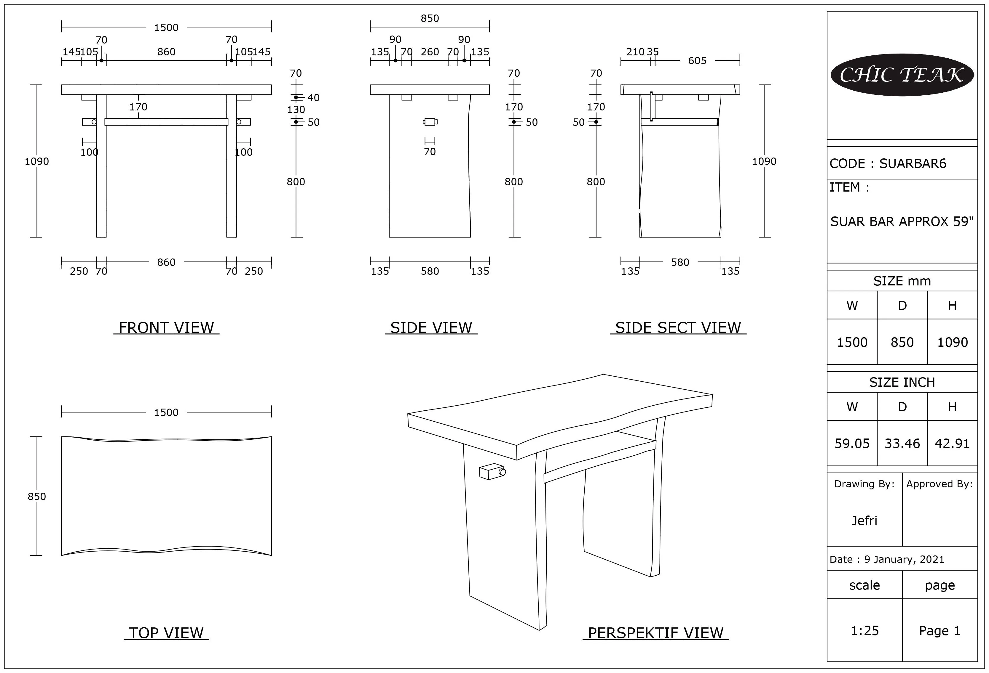 Suar Live Edge Slab Freestanding Bar with Shelf, 59 Inch (choice of table tops)