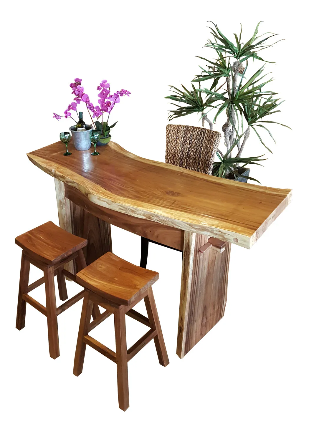 Suar Live Edge Slab Freestanding Bar with Shelf, 59 Inch (choice of table tops)