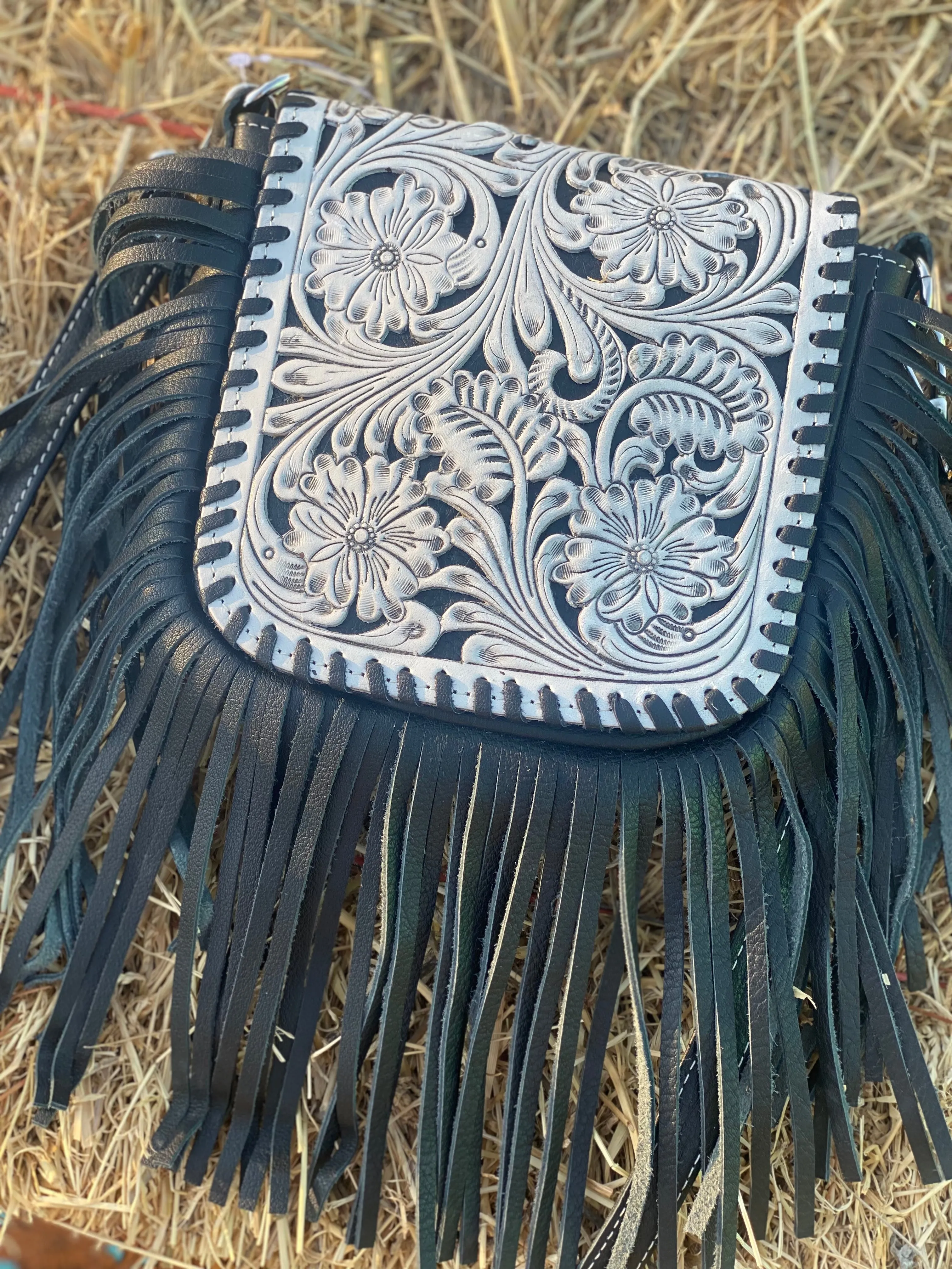 Tooling Leather Hand Carved Flap Sling Bag  TLB14- Black