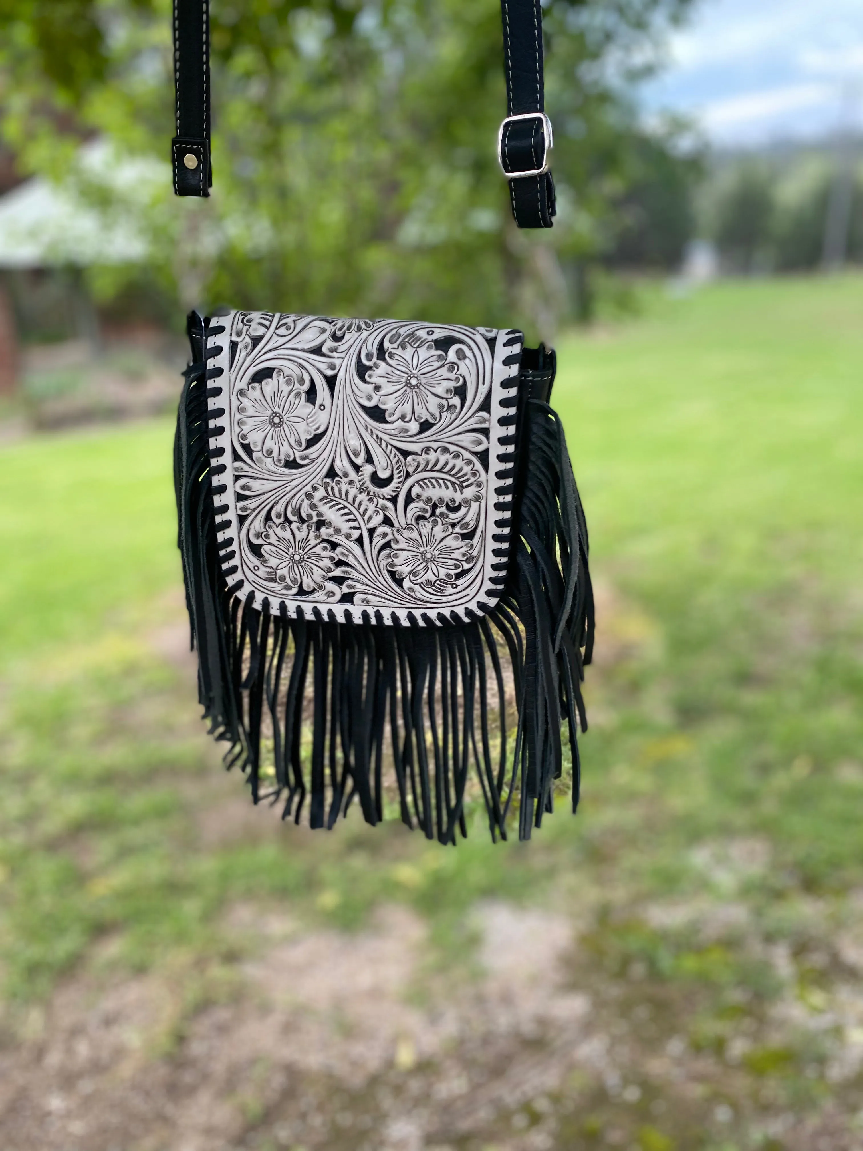 Tooling Leather Hand Carved Flap Sling Bag  TLB14- Black