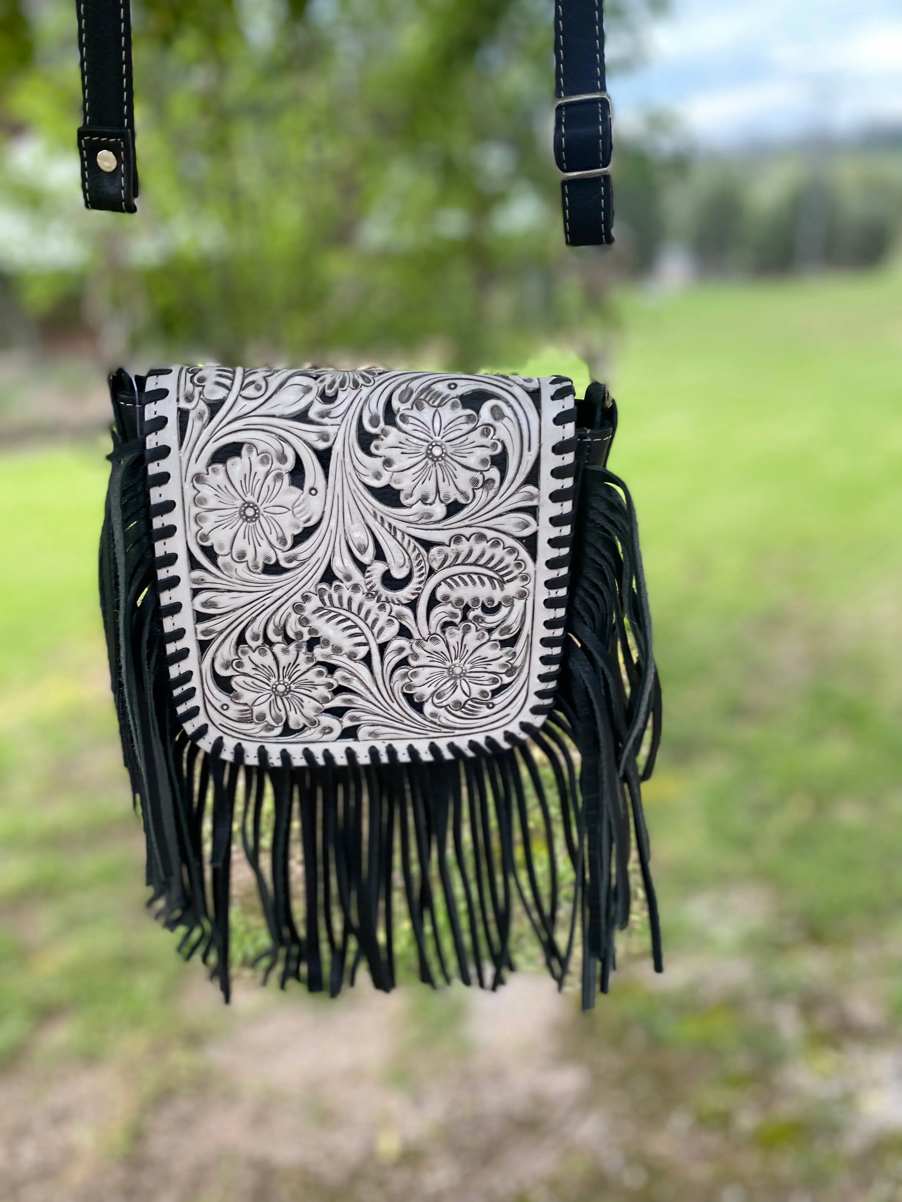 Tooling Leather Hand Carved Flap Sling Bag  TLB14- Black