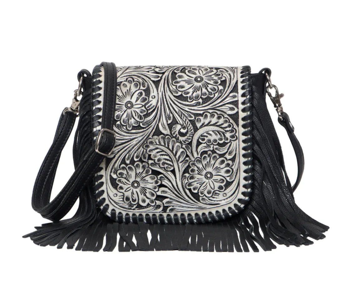 Tooling Leather Hand Carved Flap Sling Bag  TLB14- Black