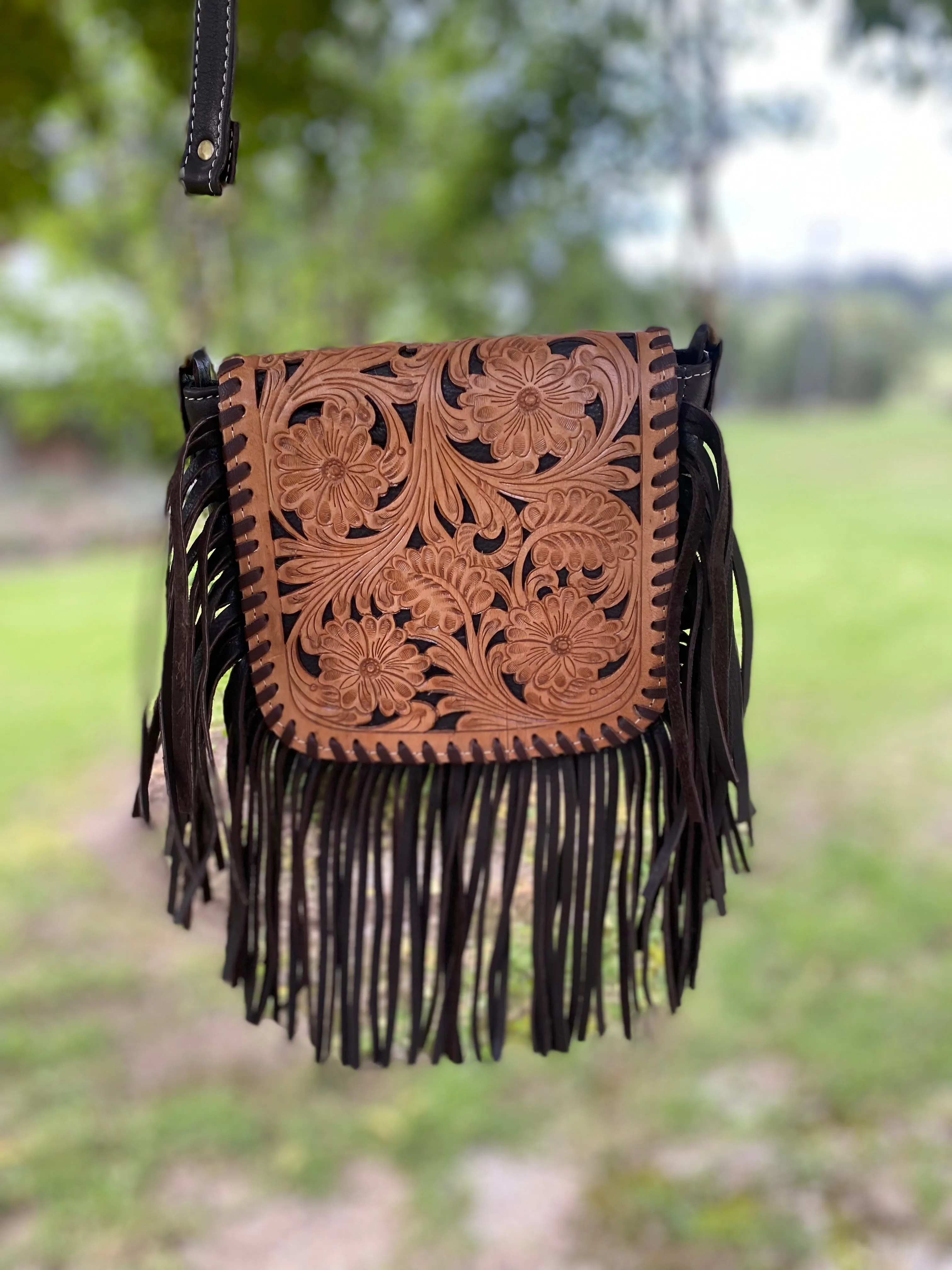 Tooling Leather Hand Carved Flap Sling Bag  TLB14- Brown