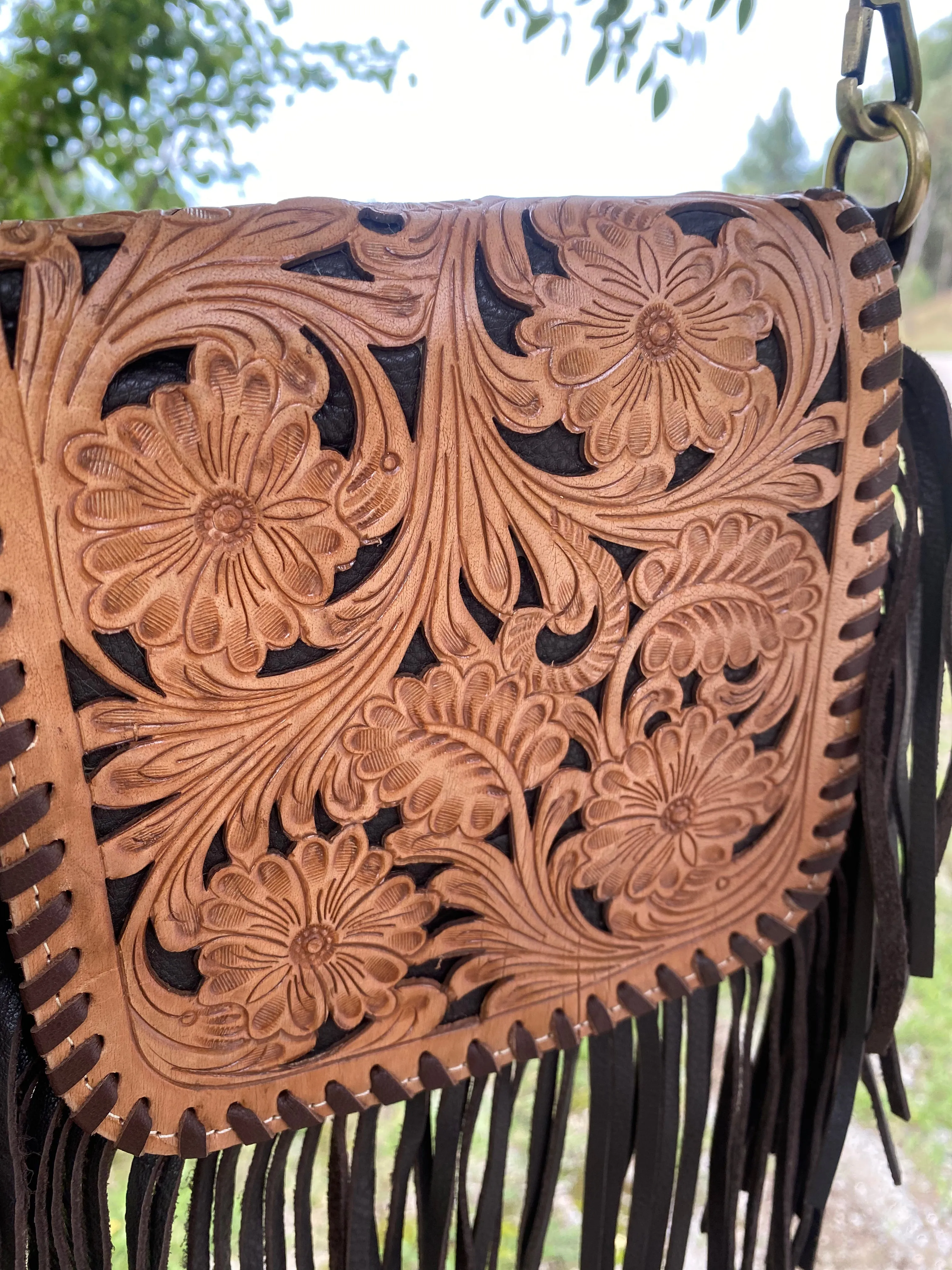 Tooling Leather Hand Carved Flap Sling Bag  TLB14- Brown