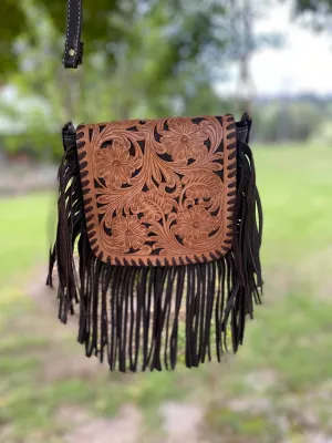 Tooling Leather Hand Carved Flap Sling Bag  TLB14- Brown