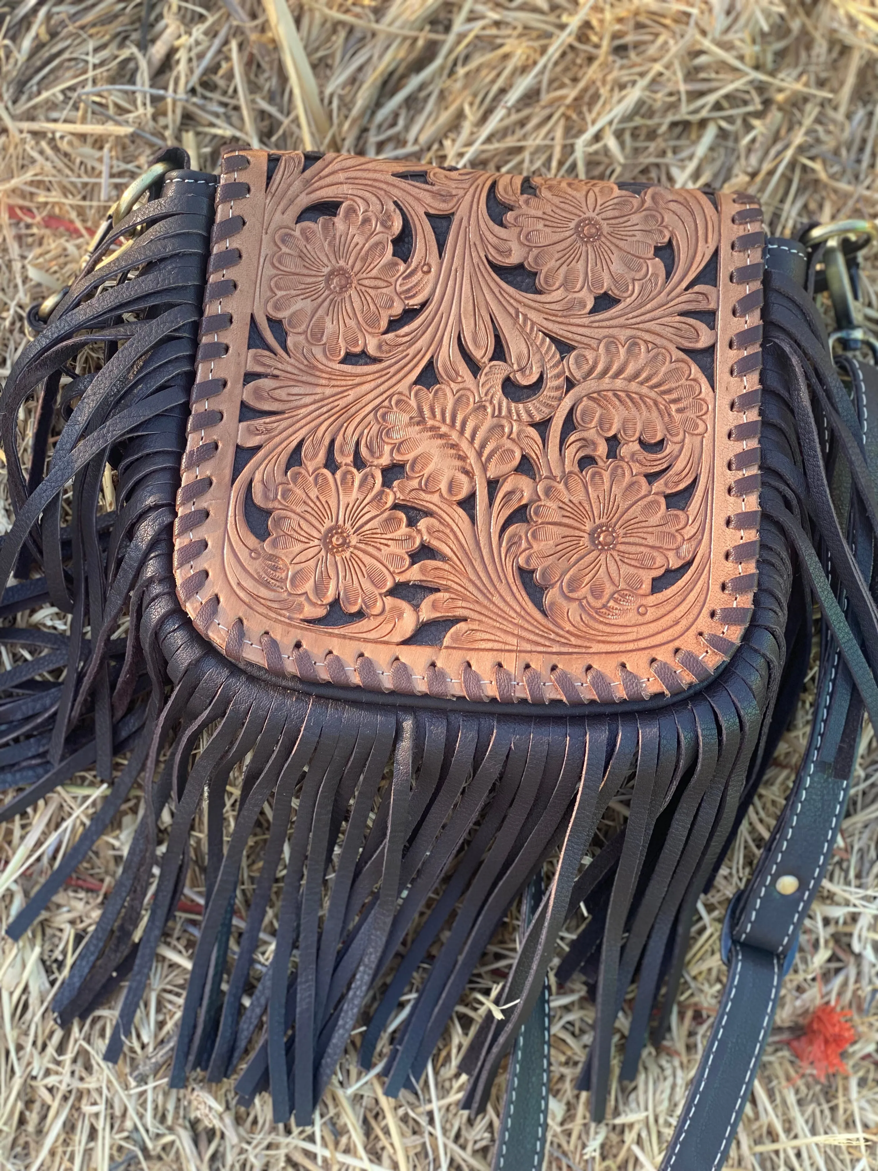 Tooling Leather Hand Carved Flap Sling Bag  TLB14- Brown