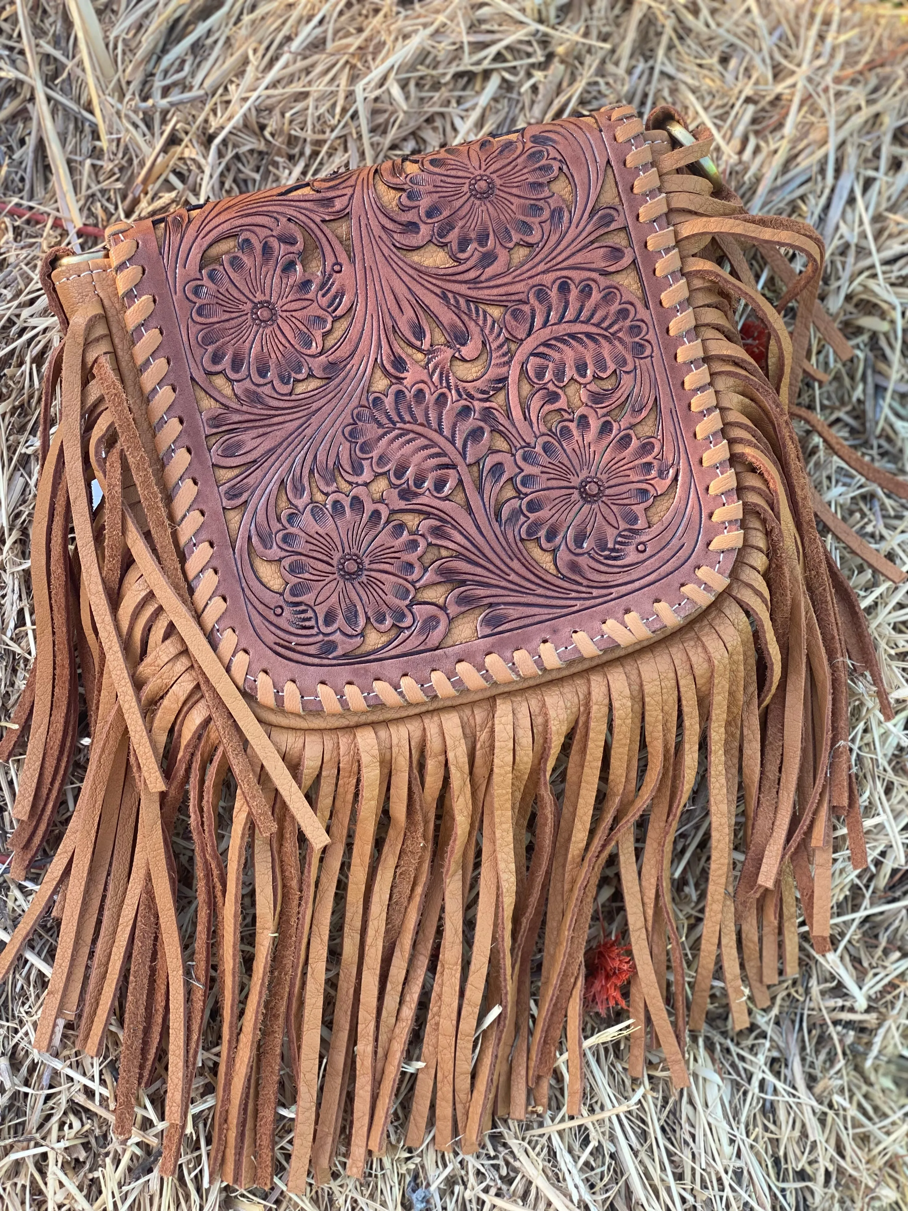 Tooling Leather Hand Carved Flap Sling Bag  TLB14- Tan