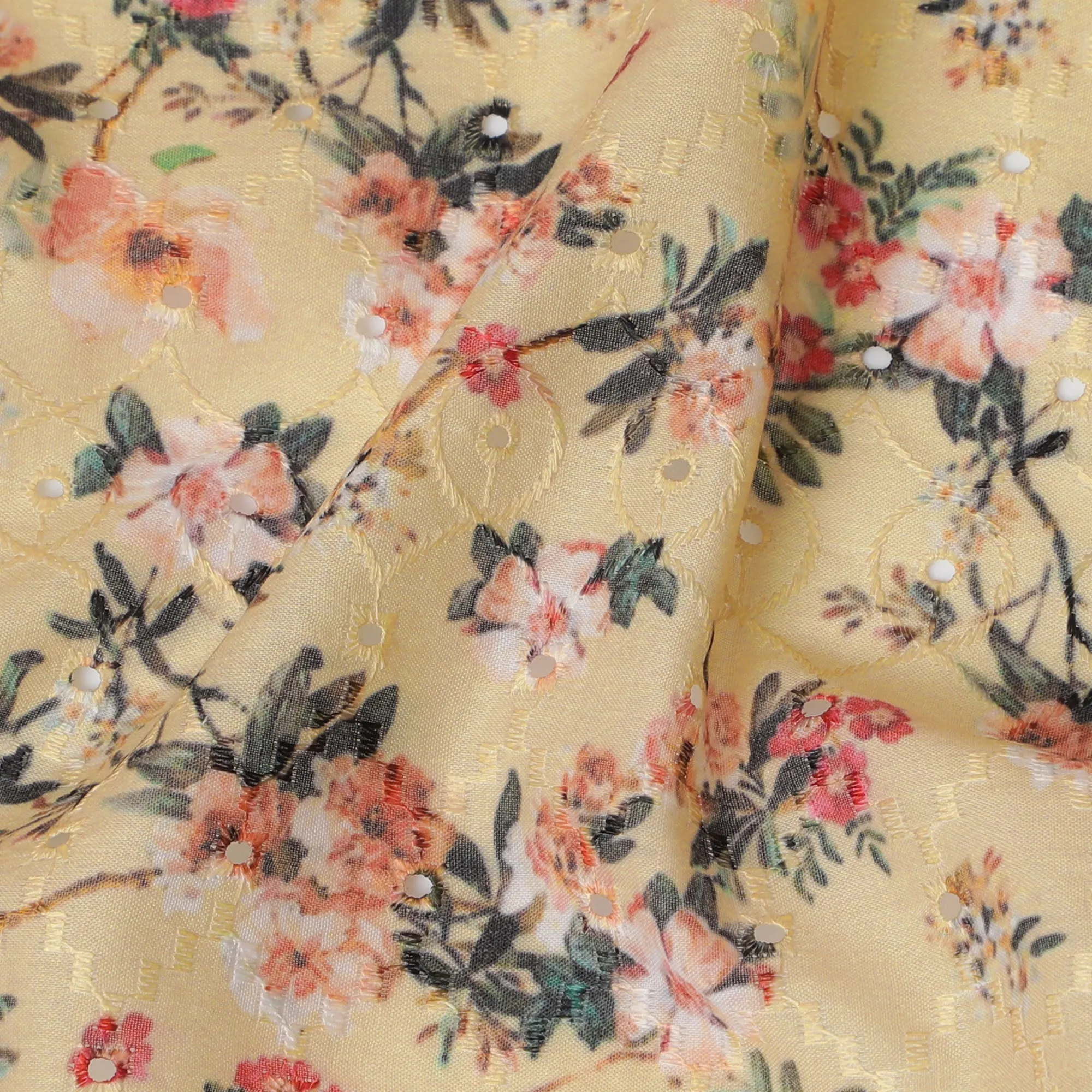 Yellow Floral Embroidered Cotton Lawn Fabric - 110 cm Width, India-D19942