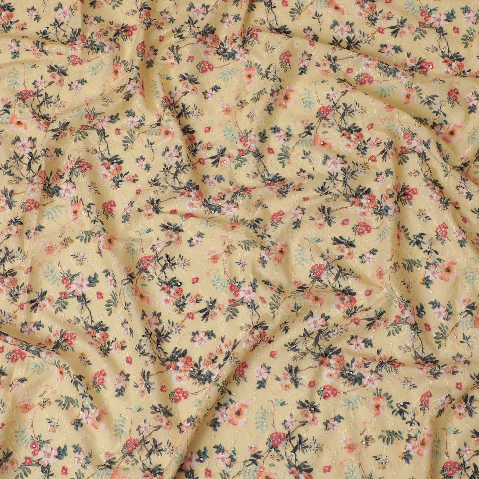 Yellow Floral Embroidered Cotton Lawn Fabric - 110 cm Width, India-D19942